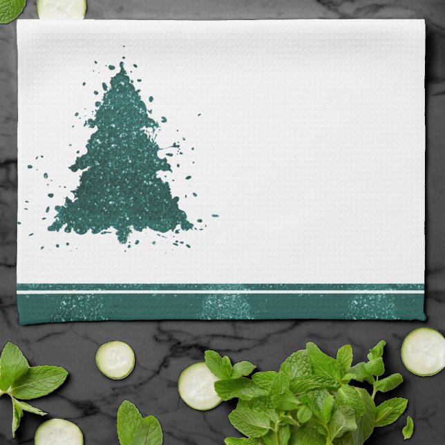 Moody Christmas Tree | Dark Midnight Teal Splatter Kitchen Towel (Creator Uploaded)