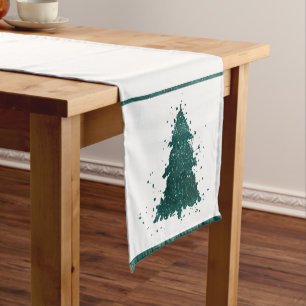Moody Christmas Tree   Dark Midnight Teal Splatter Short Table Runner