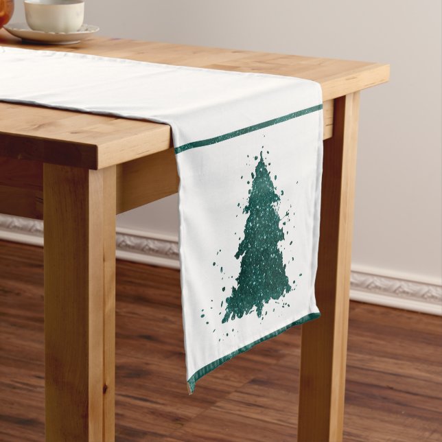 Moody Christmas Tree | Dark Midnight Teal Splatter Short Table Runner (In Situ)