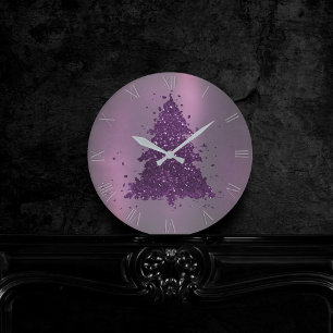 Moody Christmas Tree   Deep Plum Purple Splatter Round Clock