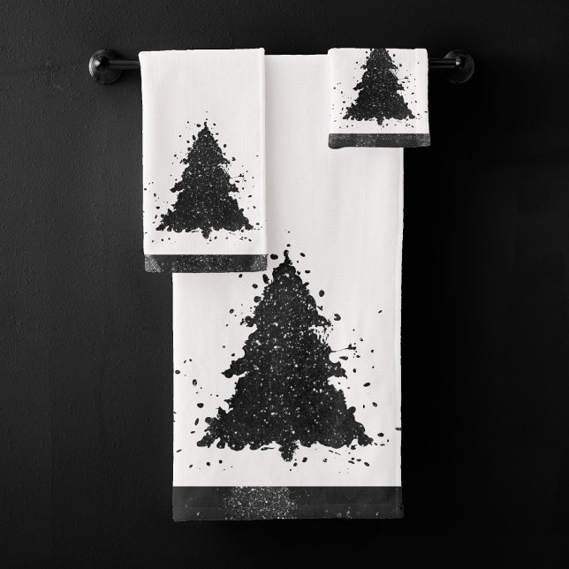 Moody Christmas Tree | Onyx Silvery Black Splatter Bath Towel Set (Creator Uploaded)