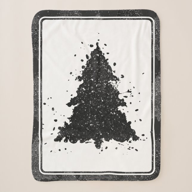 Moody Christmas Tree | Onyx Silvery Black Splatter Sherpa Blanket (Front)