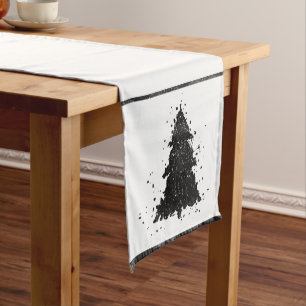 Moody Christmas Tree Onyx Silvery Black Splatter Short Table Runner