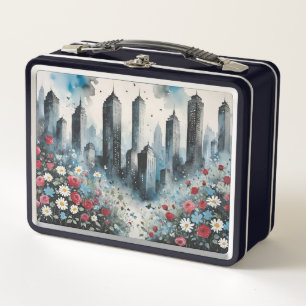 Moody City Skyline With Blooming Wildflowers Metal Lunch Box