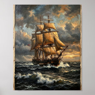 Moody Coastal Tall Ship Stormy Waves II Poster