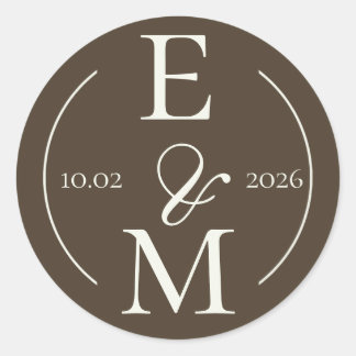Moody Coffee Ivory Monogram Date Wedding Classic Round Sticker