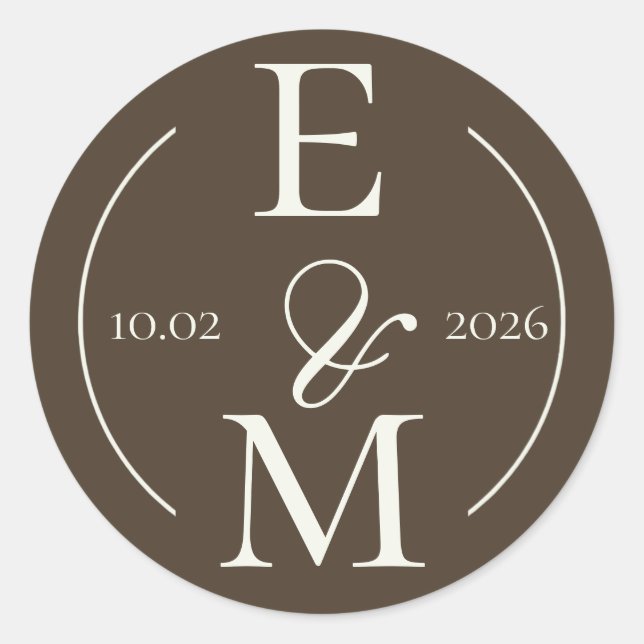 Moody Coffee Ivory Monogram Date Wedding Classic Round Sticker (Front)