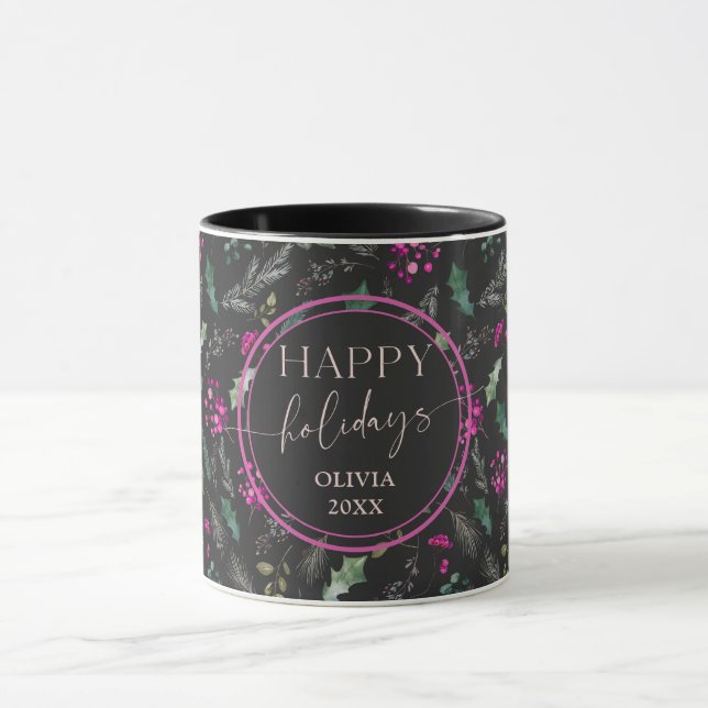 Moody Cute Winter Holly Joyeux Vacances Mug (Centre)