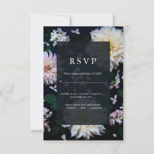 Moody Dahlia floral wedding RSVP green Card