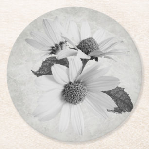 Moody Daisy Black & White Neutral Everyday Floral Round Paper Coaster