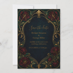 moody Dark Burgundy Art Nouveau Wedding Floral Invitation