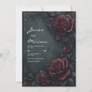 Moody Dark Charcoal Burgundy Rose Floral Wedding Invitation