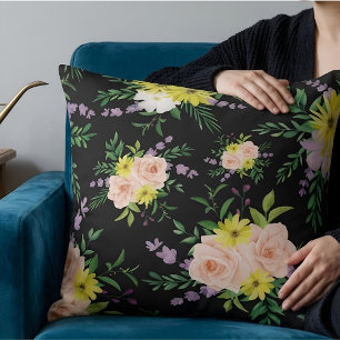 Moody Dark Cottagecore Peach & Rose Floral Pattern Throw Pillow