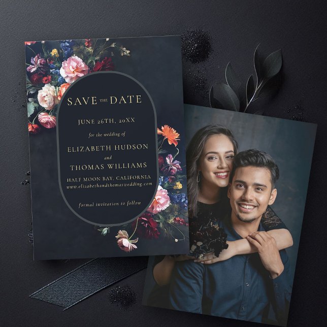 Moody Dark Elegant Romantic Floral Oval Wedding Save The Date (wedding save the date moody dark romantic gothic floral black oval dutch masters photo announcement)