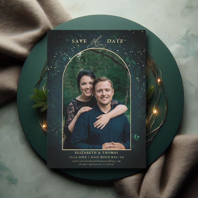 Moody Dark Enchanted Forest Arch Photo Wedding Save The Date (enchanted forest woodland wedding photo save date calligraphy dramatic moody dark romantic boho arch)
