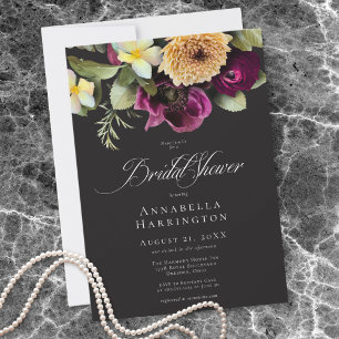 Moody Dark Floral Black Burgundy Bridal Shower Invitation