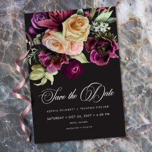 Moody Dark Floral Black Burgundy Romantic Save The Date