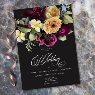 Moody Dark Floral Black Burgundy Romantic Wedding Invitation