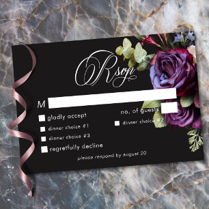 Moody Dark Floral Black Burgundy Romantic Wedding RSVP Card