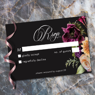 Moody Dark Floral Black Burgundy Romantic Wedding RSVP Card