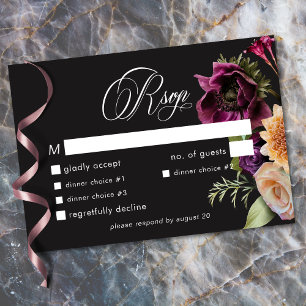 Moody Dark Floral Black Burgundy Romantic Wedding RSVP Card