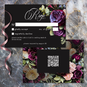 Moody Dark Floral Black Burgundy Romantic Wedding RSVP Card
