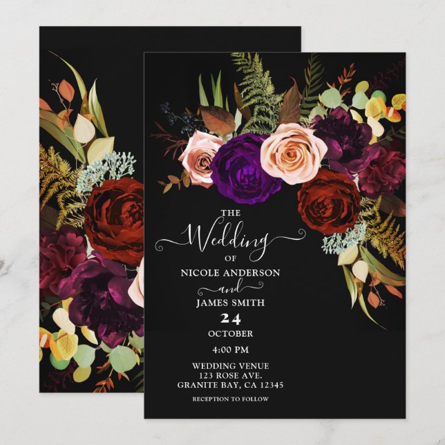 Moody Dark Floral Greenery Bold Colour Chic Weddin Invitation (Front/Back)