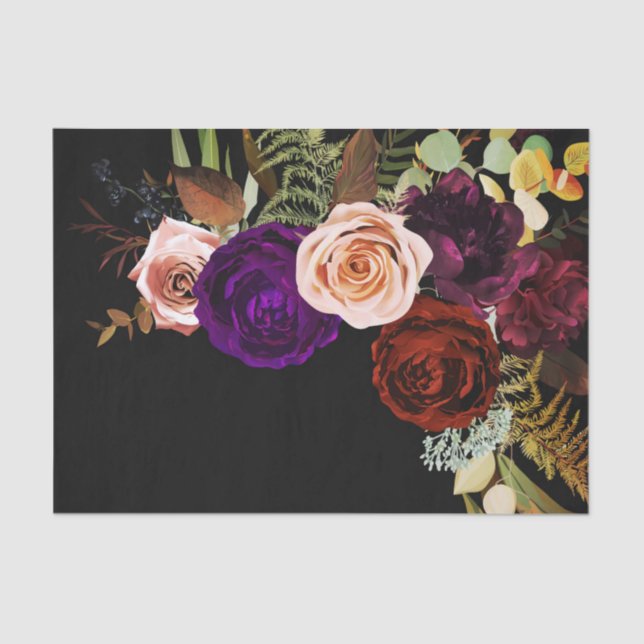 Moody Dark Floral Greenery Bold Colour Chic Weddin Tissue Paper (Front)
