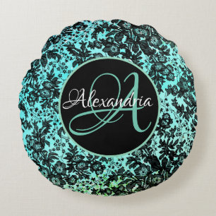 Moody Dark Floral on Turquoise Monogram  Round Pillow