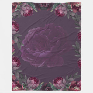 Moody Dark Floral Purple Peony Fleece Throw Blanke Blanket