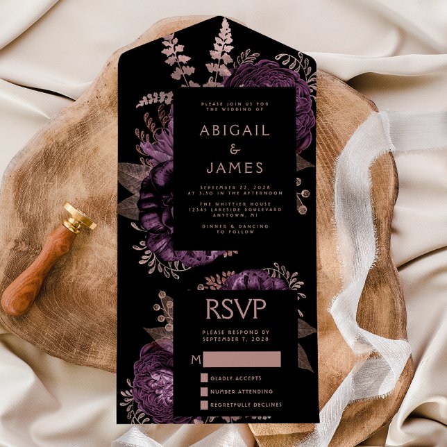 Moody Dark Floral Purple Rose Gold Wedding All In One Invitation (Creator Uploaded)