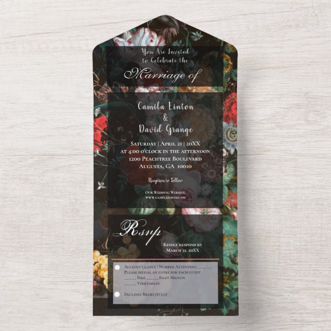 Moody Dark Floral tout en un mariage Invitation (À l'intérieur)