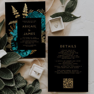 Moody Dark Floral Turquoise Gold QR Code Wedding Invitation