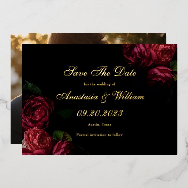 Moody Dark Floral Wedding Save The Date Photo (Front/Back)