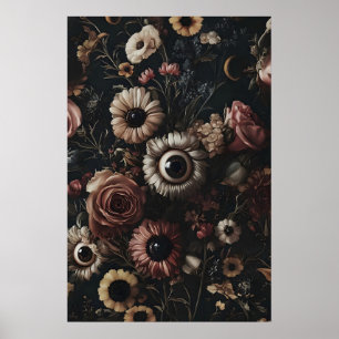Moody dark flowers with eyes print, strange floral poster