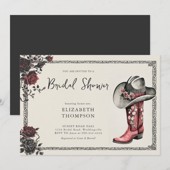 Moody Dark Goth Western Black Roses Bridal Shower Invitation (Front/Back)