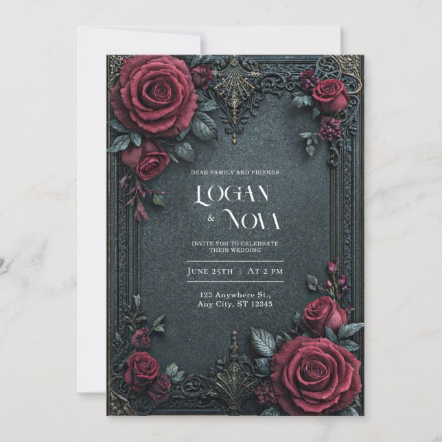 Moody Dark Gothic Burgundy Rose Ornate Wedding Invitation (Front)