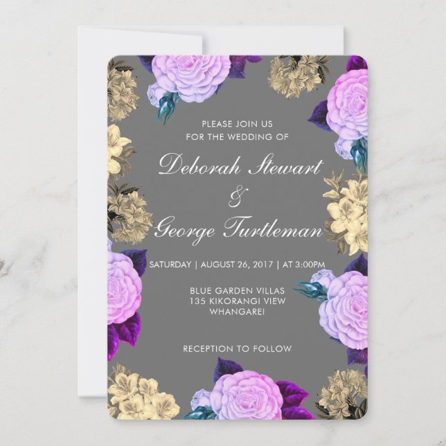 Moody Dark Gray Violet Floral Boho Charcoal Invitation (Front)