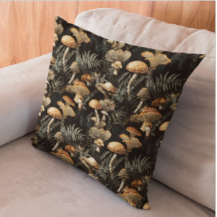 Moody Dark Mushroom Forest Goblincore Throw Pillow