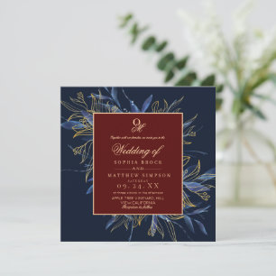 Moody Dark Navy Blue Burgundy Floral Wedding Invitation