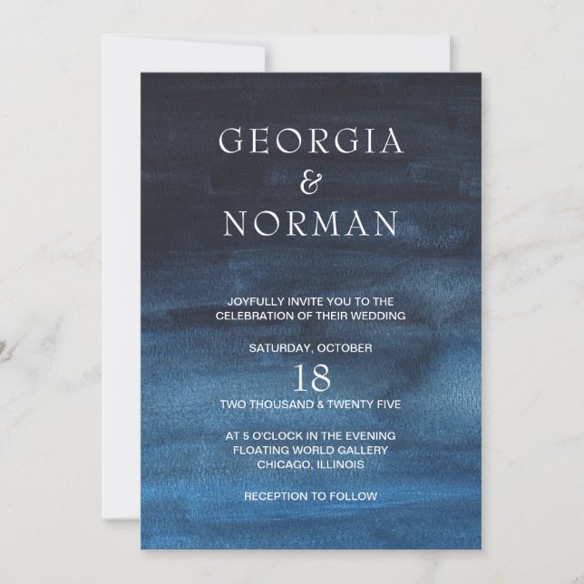 Moody Dark Navy Blue Watercolor Wash Wedding Invitation (Front)