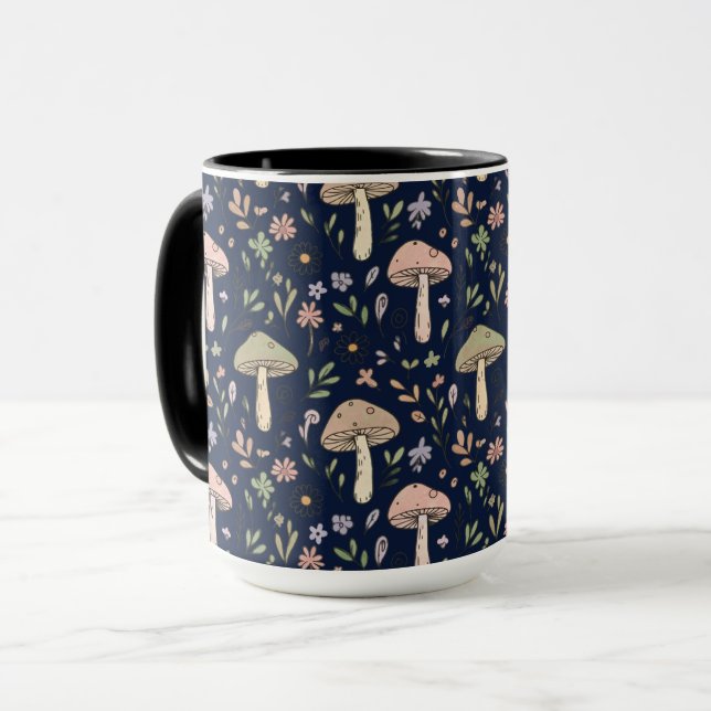 Moody Dark Navy Fungi Seamless Pattern Mug (Front Left)