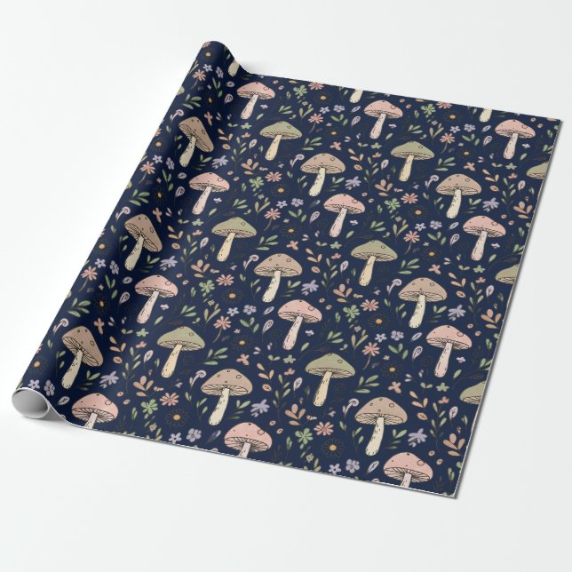Moody Dark Navy Fungi Seamless Pattern Wrapping Paper (Unrolled)