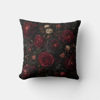 Moody Dark Red Burgundy Roses and Peonies Gothic Throw Pillow