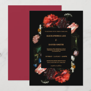 Moody Dark Red Floral Black Custom Request Wedding Invitation