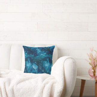 Moody Dark Teal Blue Watercolor Marble Throw Pillow