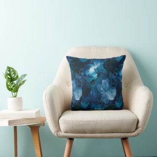 Moody Dark Teal Blue Watercolor Marble Throw Pillow