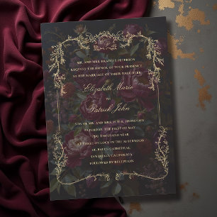 Moody Dark Victorian Botanical Gold Crest Wedding Invitation