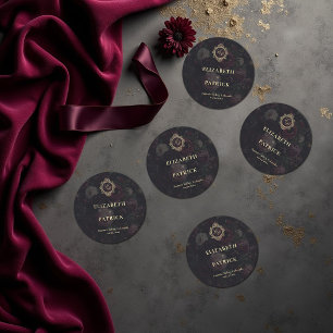 Moody Dark Vintage Victorian Crest Peony Wedding Classic Round Sticker
