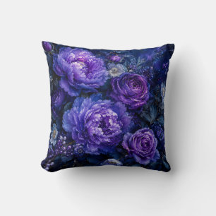 Moody Deep Indigo Blue & Purple Floral Peony Throw Pillow